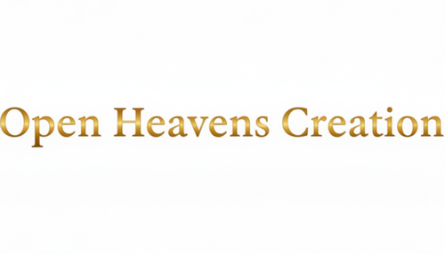 Create a clean, luxury, horizontal text-only logo that says ‘Open Heavens Creation.’ Use smooth metallic gold lettering with a soft gradient and an elegant serif font. No icons, no symbols, nothing above or below the text. Keep the background pure white and the wordmark centered, simple, classy, and premium — similar to a high-end fashion brand.